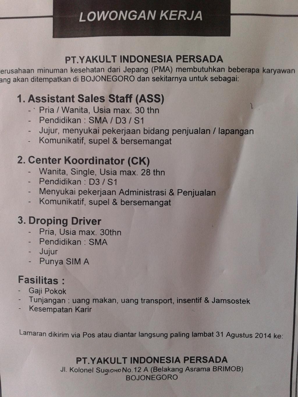 Disnakertransos Bjn в Twitter: „Lowongan kerja PT. YAKULT INDONESIA PERSADA  unt wilayah Bojonegoro dan sekitar nya http://t.co/66idwiljsr“ / Twitter