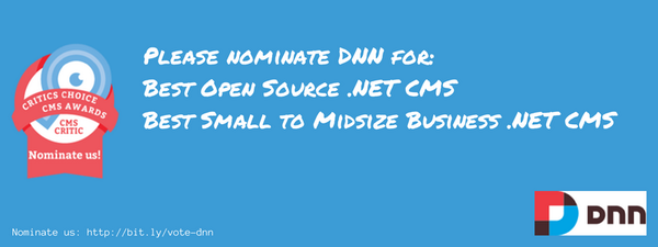 DNN's tweet photo. 750,000+ websites can't be wrong. Please nominate us for the @CMSCritic Awards http://t.co/HbCiY7URbi http://t.co/nlI21AKWPs