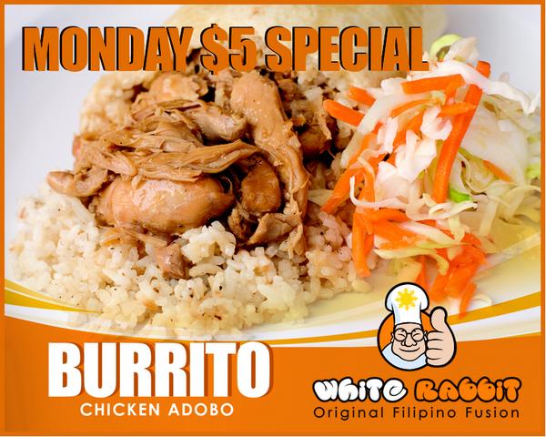 WRcafeCanoga's tweet photo. Get a #ChickenAdoboBurrito + a Drink at your local #WhiteRabbitCafe ALLDAY today for only $5! #5DOLLAHOLLA http://t.co/mAqeFD8xhZ