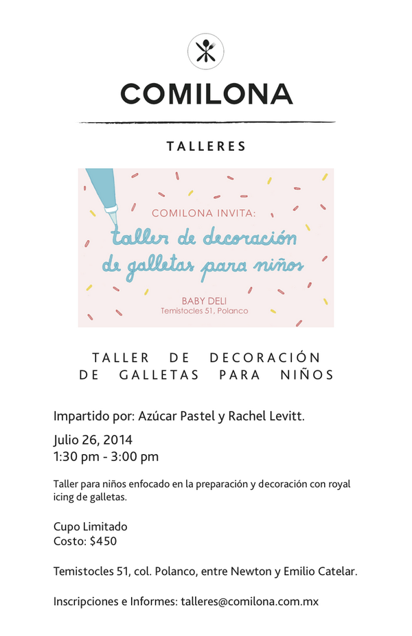 comilonamx's tweet photo. Este sábado es el taller para niños que imparte Azúcar Pastel junto con Rachel Levit.
http://t.co/Nk89sQIcLP http://t.co/utNyUAYpiP