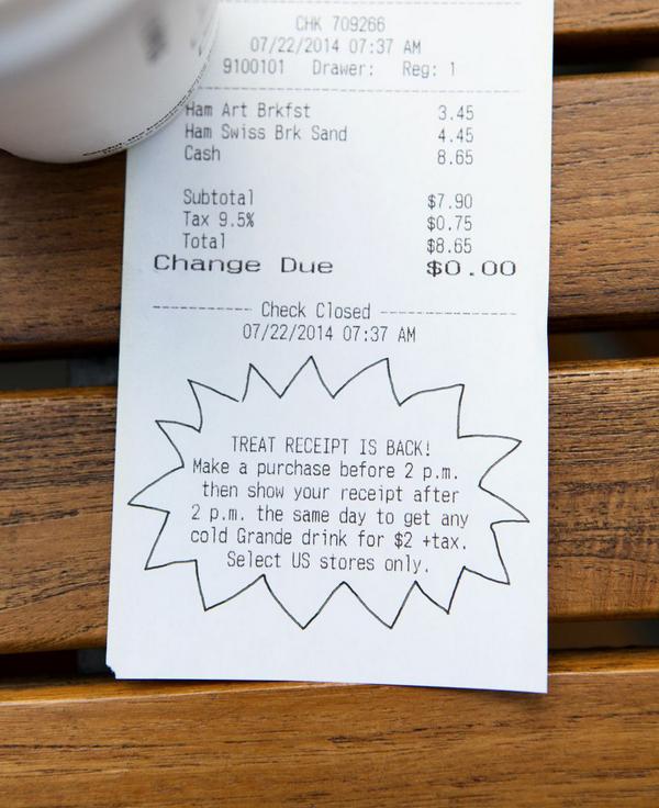 starbucksdeals's tweet photo. $2 grande iced drinks after 2pm with your morning receipt. #TreatReceipt (US only) http://t.co/kbOxbBSpPk