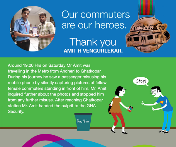 MumbaiMetro01's tweet photo. We found one Metro Hero at Ghatkopar station &amp; we have awarded him with Metro Badge.  #HaveANiceDay http://t.co/EytbkqYPkN