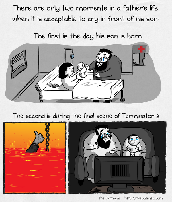 Oatmeal's tweet photo. There are only two moments in a father's life when it is acceptable to cry in front of his son http://t.co/dK5hOzbDrK