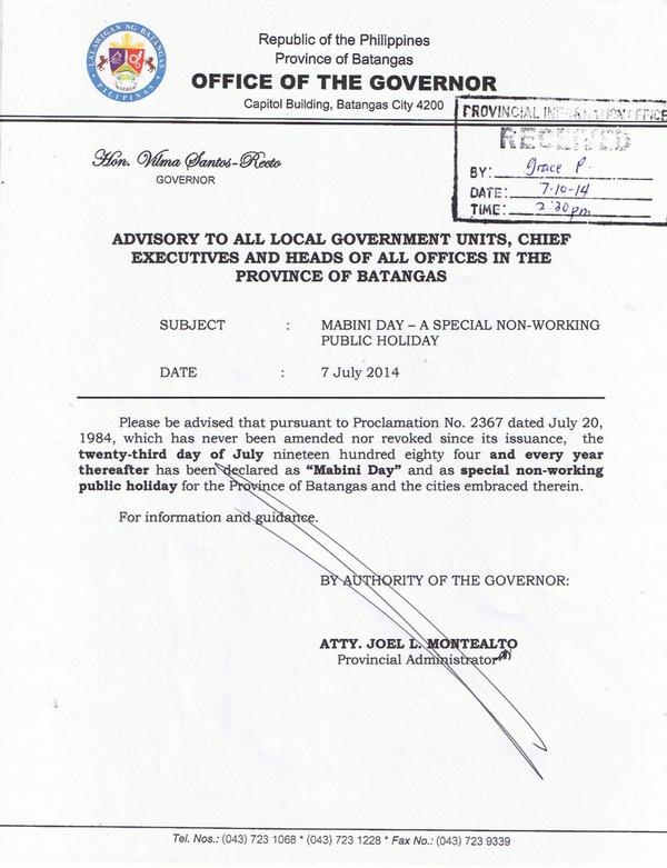 Official Gazette Ph Walangpasok July 23 14 Wednesday Is A Special Non Working Holiday In Batangas To Commemorate Mabini Day Http T Co ojcioj7m Official Gazette Ph Walangpasok July 23 14 Wednesday Is A Special Non Working Holiday In Batangas To Commemorate Mabini Day Http T Co ojcioj7m