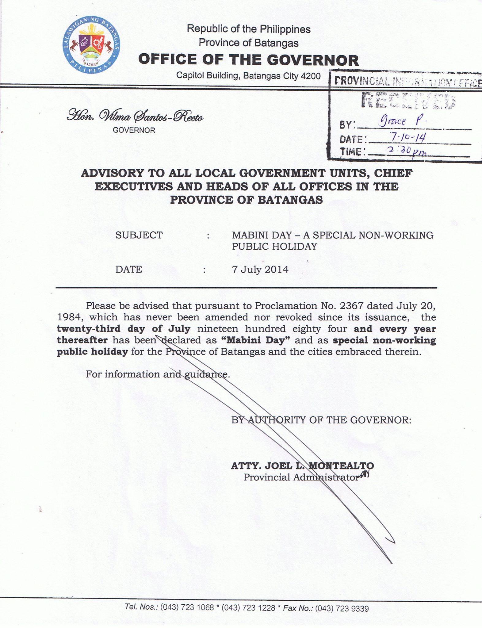 Official Gazette Ph Walangpasok Today July 23 14 Is A Special Non Working Holiday In Batangas To Commemorate Mabini150 Http T Co ojcioj7m Twitter