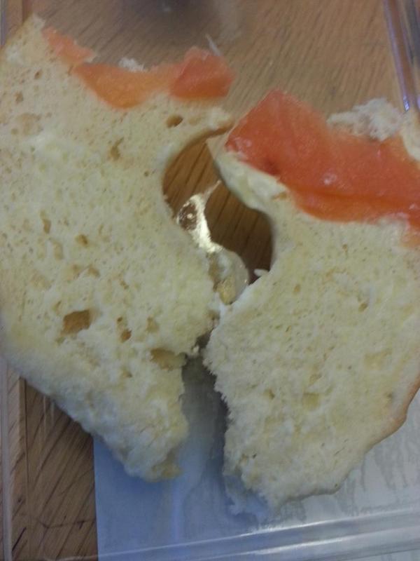 bev_slade's tweet photo. My @Tesco cream cheese and smoked salmon bagel. Or maybe not! Every Little Helps (if you're on a diet). http://t.co/tGnoNwAO4i