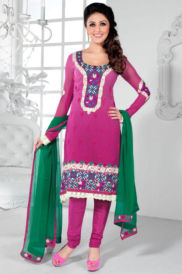 A #Magenta colored #ChudidarSuit with #Embroidery #Yoke #Butti and #Crochet Lace complet... ift.tt/1p66BCo