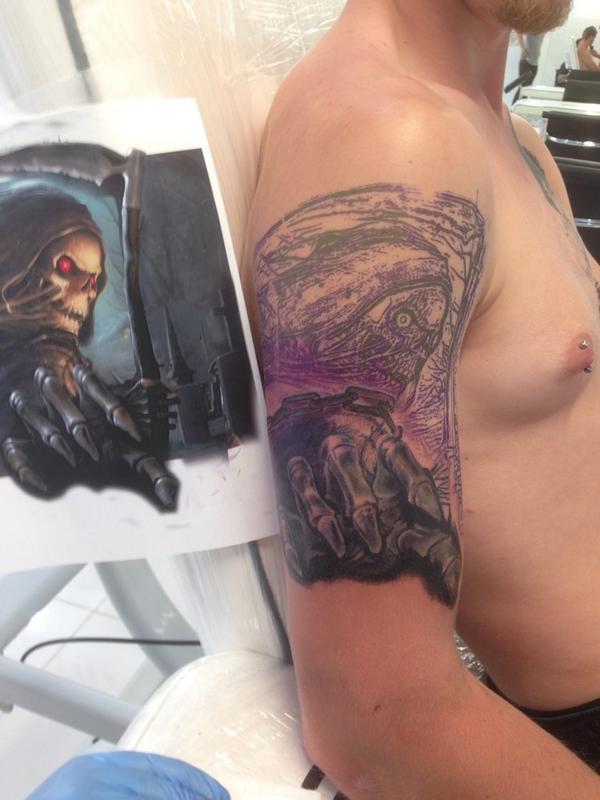 Progress from @tattoosbyruss today #reapertattoo @BLKPowder_ @TattooSociety13 @LifesInked