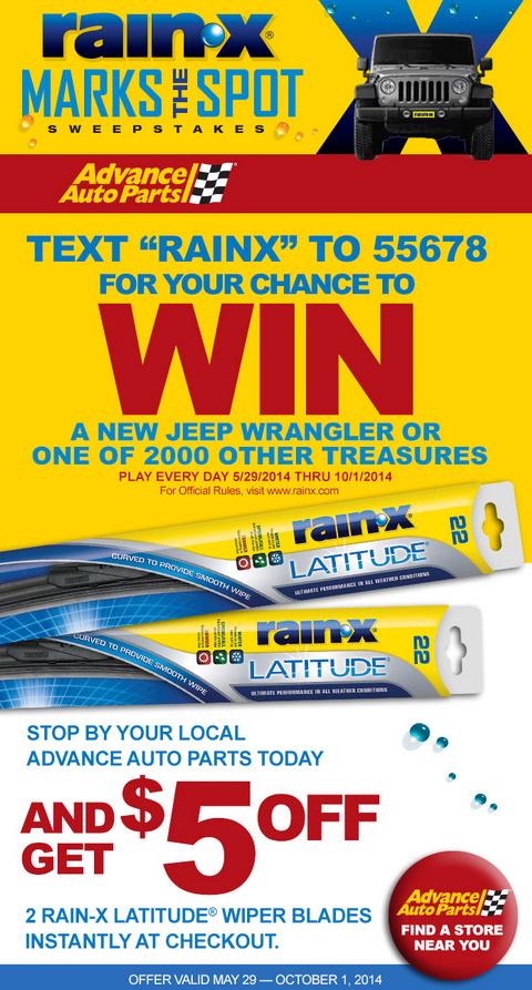 OfficialRainX's tweet image. Save $5 on a pair of Rain-X blades at @AdvanceAuto AND text for the chance to win a new Jeep Wrangler.