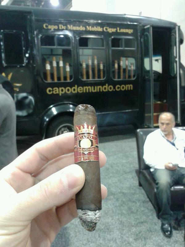 stevescigar's tweet photo. Smoking a @CapoDeMundo maduro in their mobile cigar lounge at #IPCPR2014 #thecigarlounger http://t.co/fkgJNuUd1m