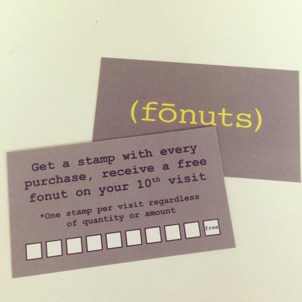 fonuts's tweet photo. Introducing the FREQUENT FONUT card! Get one today. :) free fonut on your 10th visit/purchase #fonutaddiction #fonut http://t.co/gecGvjgWCG