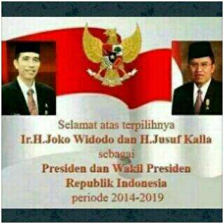 nonaearly's tweet photo. Congratz Bpk Ir. H. Joko Widodo &amp; Bpk H. Jusuf Kalla sbg Presiden &amp; Wakil Presiden RI Periode 2014-2019.GOD Bless u. http://t.co/vCMXz5BABY