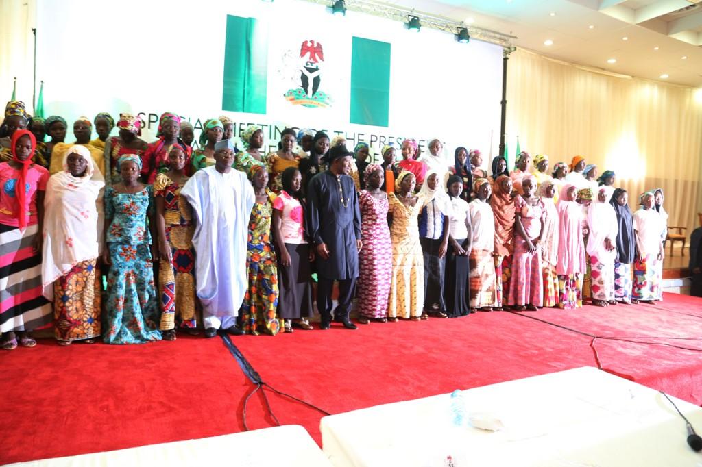 President Jonathan & Senator David Mark with Chibok girls at the Presidential Villa today