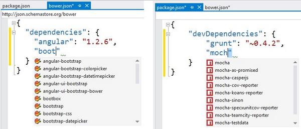 mkristensen's tweet image. Bower and NPM live online Intellisense directly within the Visual Studio JSON editor