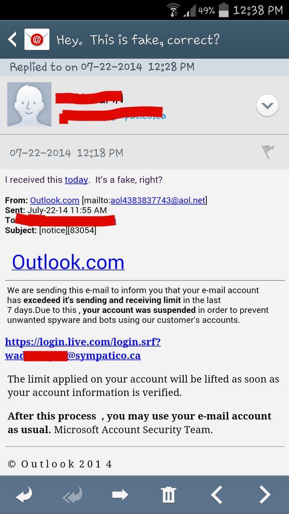 Scott_D_Rithum's tweet image. New (?) email scam #Microsoft #Outlook #howtospell #AOLemailAddress #themoreyouknow #PSA
