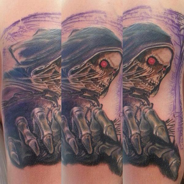 Progress of #reapertattoo by @tattoosbyruss done today @BLKPowder_ @TattooSociety13 @LifesInked #grimreaper #tattoo