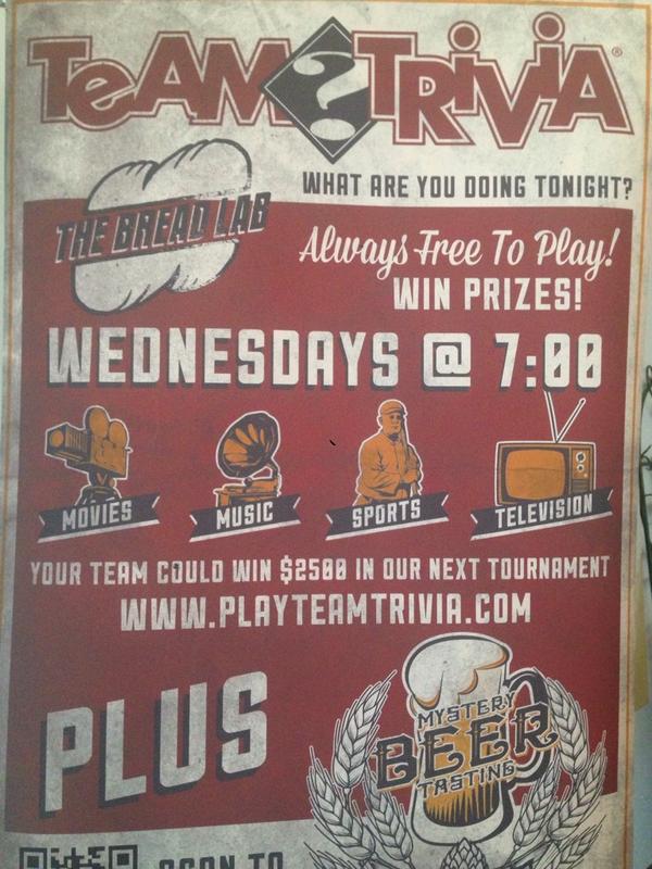 Thebreadlab999's tweet photo. Don't forget to join us tomorrow for Team Trivia @ 7:00 pm!! Always free to play! Plus mystery beer tasting! http://t.co/QFa95sWjAx