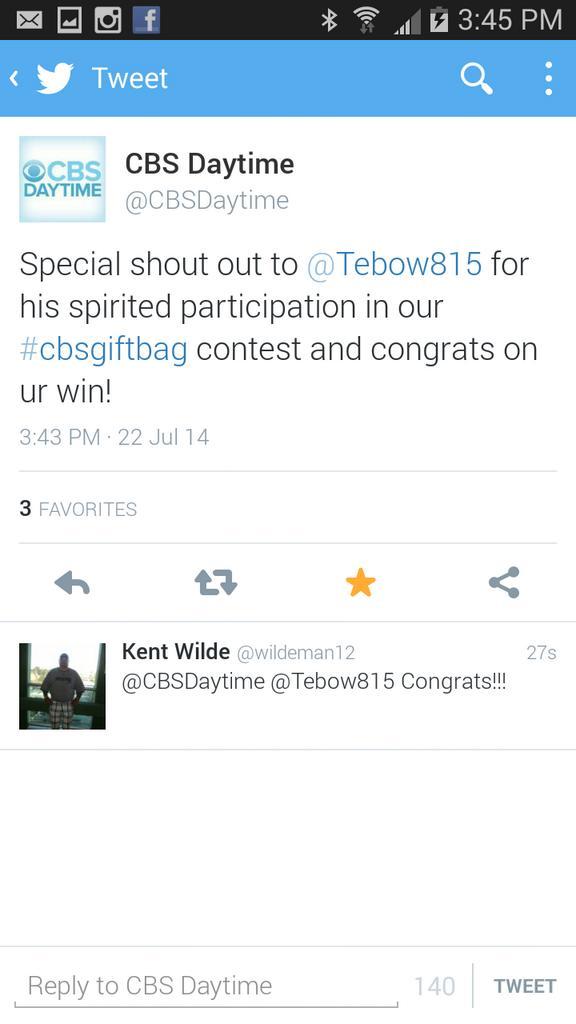 Tebow815's tweet photo. Thanks so much @CBSDaytime &amp; @AngelicaMcD for this AWESOME once in a lifetime humbling prize! #CBSGiftbag #CBSfan ☆☆☆ http://t.co/ClPSDtiFB0