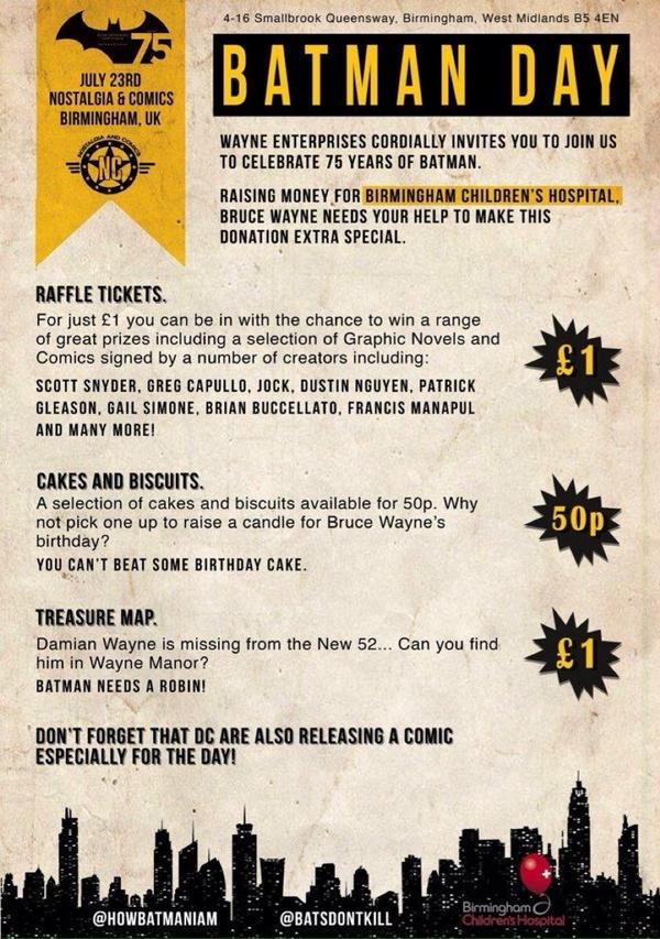 July 23rd-Batman Day in aid of Bham Kids Hospital at Nostalgia and Comics from 9:30 <a href="/Bham_Childrens/">Bham Children's Hosp 💙</a> <a href="/NostalgiaComics/">NostalgiaComics</a>