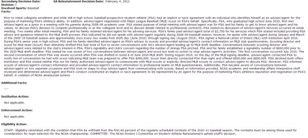 Baseball prospects who may play in NCAA, never list advisor/agent on MLB questionnaires b/c of violations like this