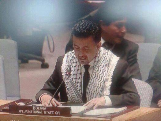 jncatron's tweet photo. Bolivian Ambassador at the UN speaking to the security council wearing Palestinian scarf. via @perdana4peace #Gaza http://t.co/p4noAOM889