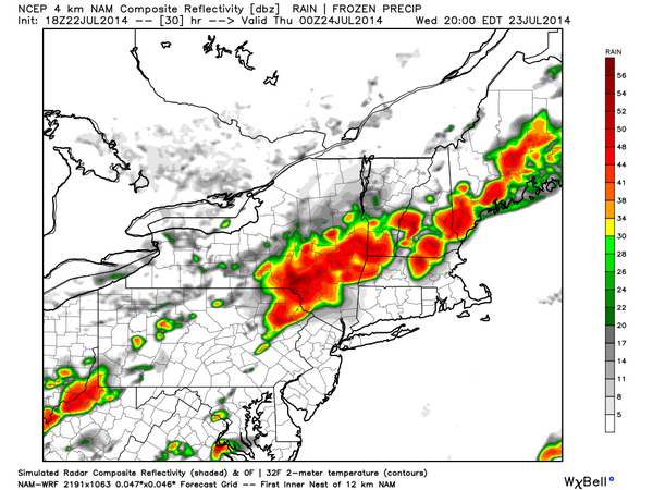Around sunset tomorrow here's what the radar should look like.  That line will be moving south.