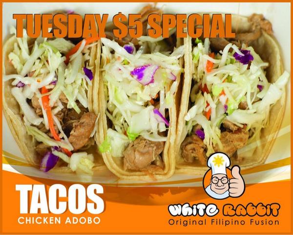 WRcafeCanoga's tweet photo. ALL DAY! Get #3ChickenAdoboTacos + a Drink for $5 at #WhiteRabbitCafe! #5DOLLAHOLLA #theNEWtacoTUESDAY http://t.co/qhM348J7xG