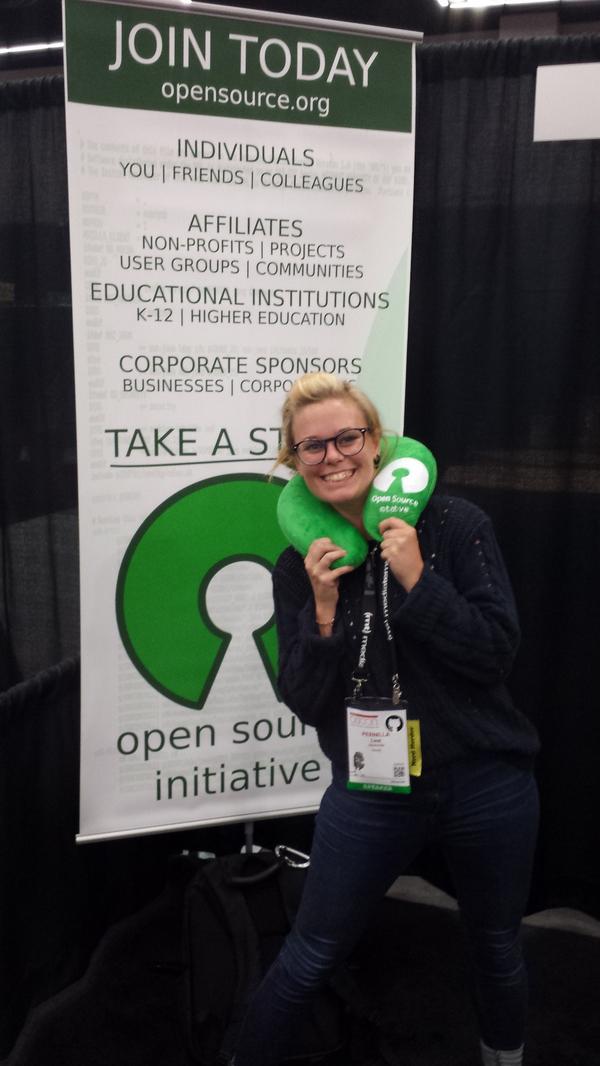 OpenSourceOrg's tweet photo. Our big winner of the OSI Logo Travel Pillow @p3rnilla Come by tomorrow for another chance to win. #OSCON #OSCON14 http://t.co/vF0SFWUGGu