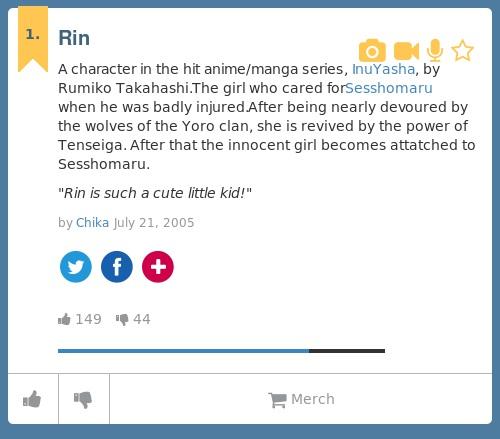 urbandictionary's tweet image. @hellarin Rin: A character in the hit anime/manga series, InuYasha, by Rumiko Tak... rin.urbanup.com/1378136