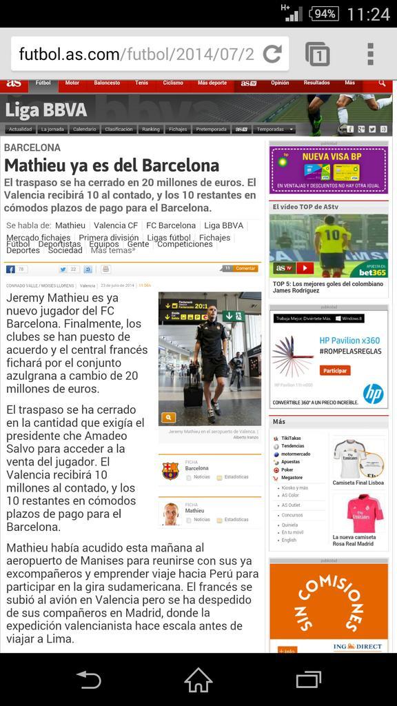 villarline's tweet photo. En un día así...... Lo único q me alegra el día es esto Mathieu nuevo jugador del Barça a cambio de 20 millones http://t.co/mHgBzsruCa