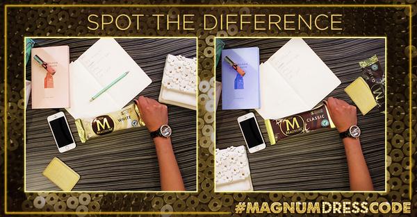 MagnumUK's tweet photo. Tweet us how many differences + #MagnumDressCode to win a Magnum 25 dress! 18+ Ends 26.07 T&amp;Cs http://t.co/kgnei6auiO http://t.co/fvXNI1WMQc