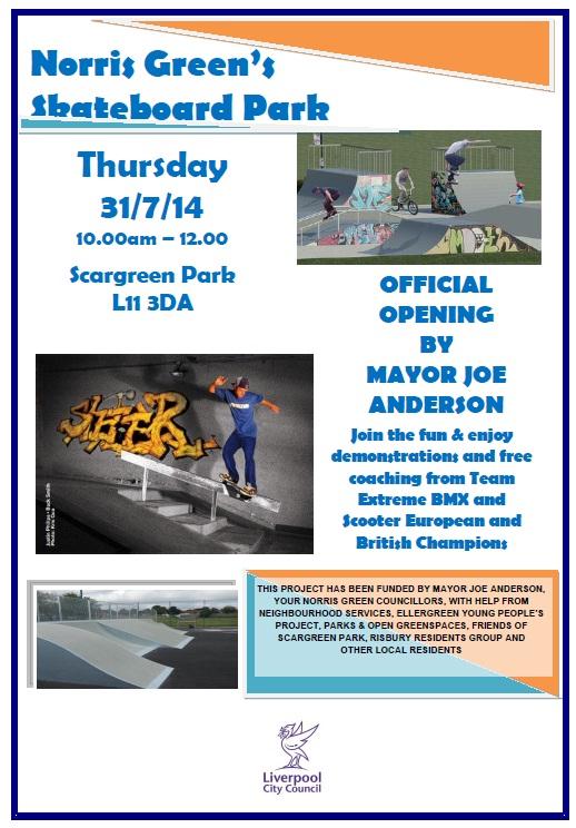 Scargreen Park skatepark opening Thurs 31/7 10-12 <a href="/joeforliverpool/">Joe Anderson</a> Demos &amp; free coaching <a href="/TeamExtremeUK/">Team Extreme</a> <a href="/lostartshop/">L O S T A R T</a>