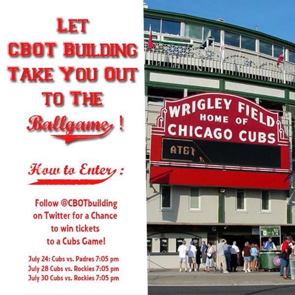 cbotbuilding's tweet image. We are giving out free Cubs tix for tmrw's game vs. Padres to our followers! RT and follow @CBOTbuilding to win!