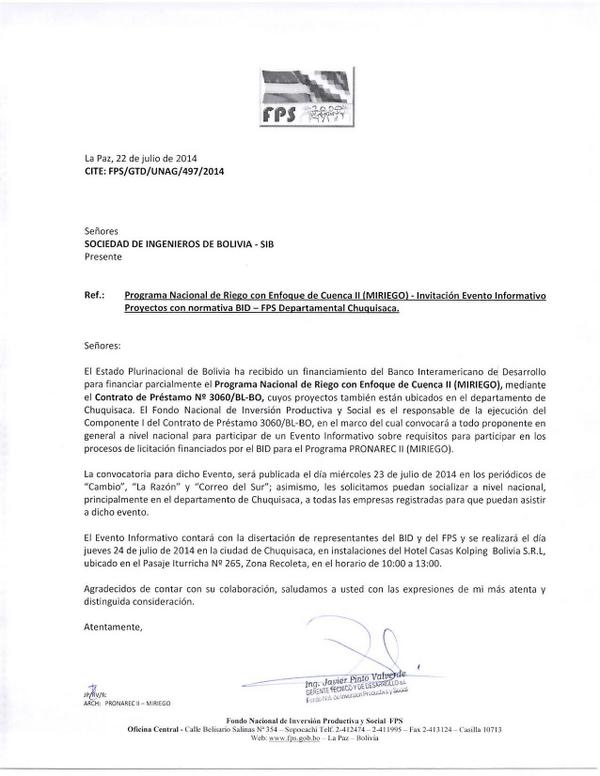 SIBNacional's tweet photo. invitación al Evento Informativo del Taller de Arranque del Programa PRONAREC II  (MIRIEGO) Chuquisaca. http://t.co/RRoF89w59X