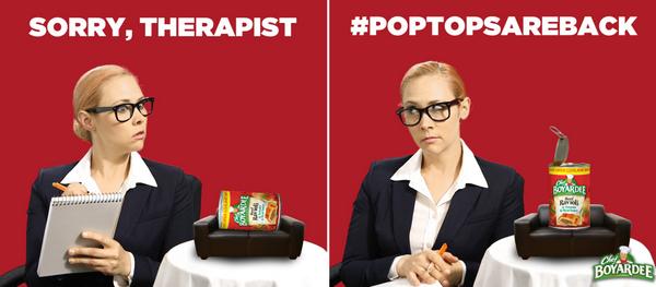 ChefBoyardee's tweet photo. Therapist finally got her patient to open up. How? Because Chef Boyardee #poptopsareback. http://t.co/Mf4Ke7LJiD