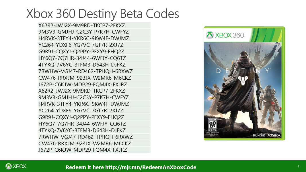 Larry Hryb 💫✨ on X: Here are some Xbox 360 @DestinyTheGame Beta Game  codes  / X