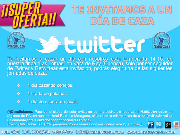 Naturcaza's tweet photo. TE INVITAMOS A UN DÍA DE CAZA en nuestra finca Las Lomas (Vara de Rey-Cuenca), por seguirnos en Twitter y Retwittear http://t.co/nr4ByUnswW