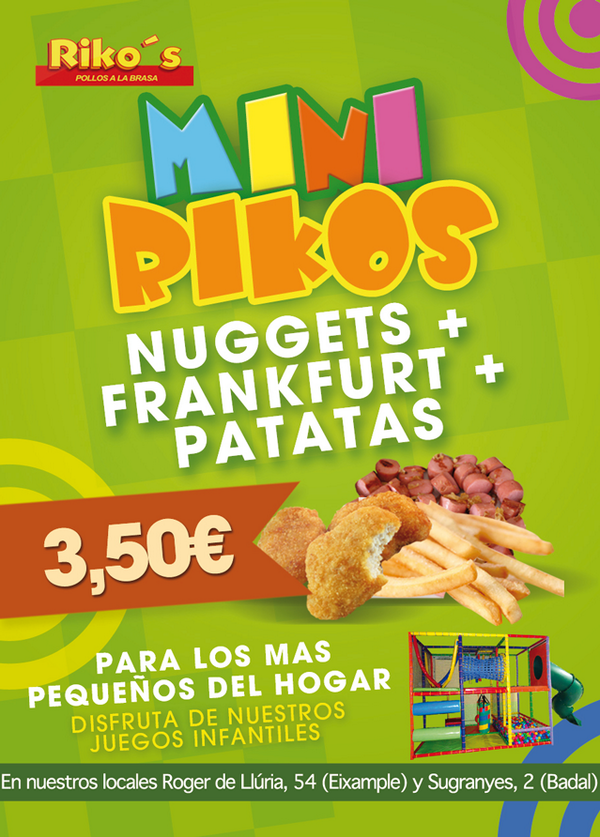 PollosRikos's tweet photo. Para los más pequeños del hogar: Mini Rikos. Un menú pensado especialmente para ellos. #Barcelona http://t.co/DO4FUs55MG