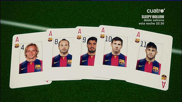 DeportesCuatro's tweet photo. . #Rakitic @andresiniesta8 @luis16suarez #Messi y @neymarjr → Repóquer http://t.co/BssXzvkNir http://t.co/fCaEsGrTTV
