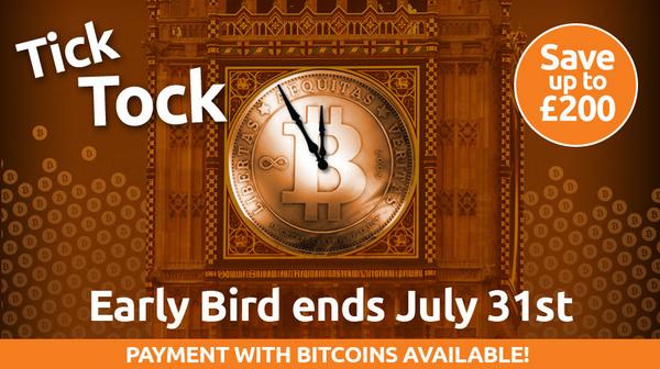 BitcoinConf_UK's tweet photo. TICK TOCK... last week to get an Early Bird on September's #bitconf UK - register at http://t.co/7v2gpjwHaI http://t.co/wxgROJCqde