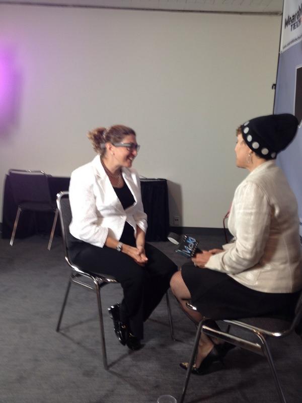 WearableOnAir's tweet photo. .@hilary25 interviews @MyBigFatMouth after her #wearabletech panel at #wearabletechcon. http://t.co/7QgmmsYHJ5