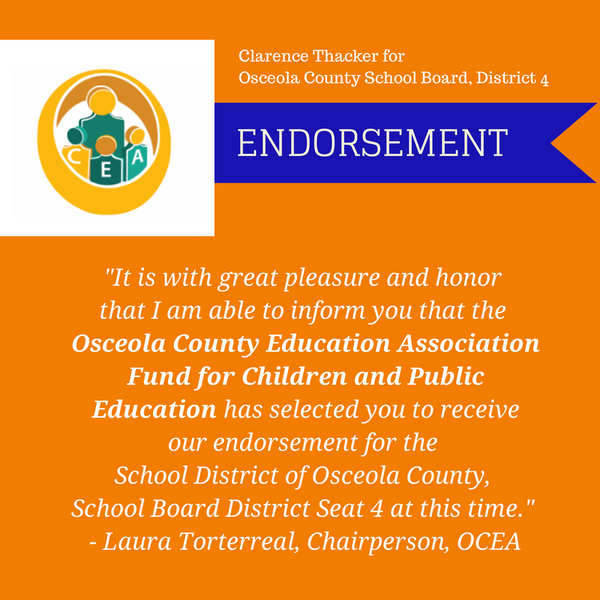 Thank you so much to <a href="/OsceolaCEA/">Osceola Co Educators</a> for their endorsement of my campaign. The support of our teachers means a lot!