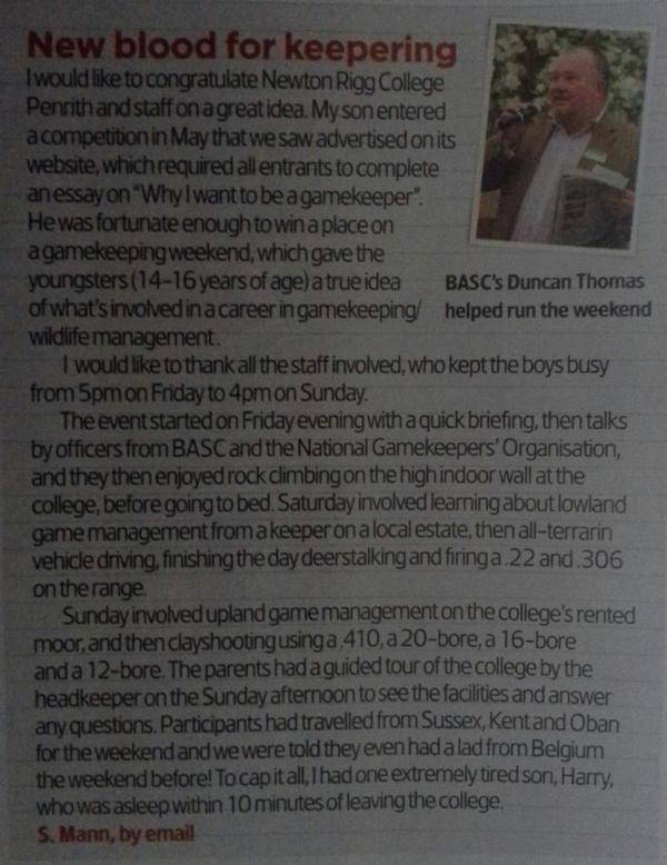 Nice feeling, thanks in the shooting times for our efforts on the gamekeeping experience weekends.