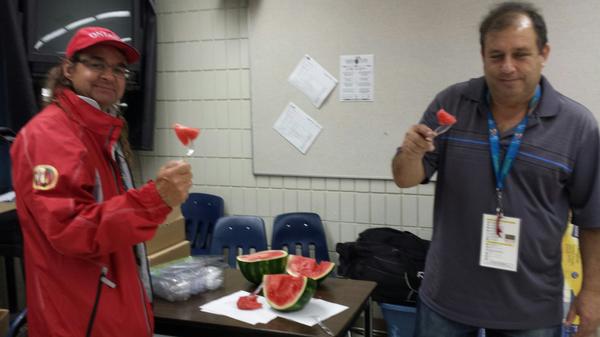 Elder <a href="/seecattweet/">Cat Criger</a> and Executive Director <a href="/ASWCO/">Aswco</a> taking a fruit break after a long day. #commitment #dedication #NAIG