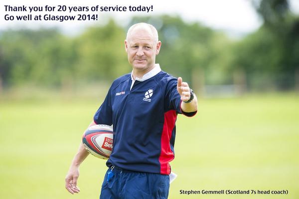 Scotlandteam's tweet photo. Thank you to Scotland 7s head coach Stephen Gemmell, who marks 20 years with Scottish Rugby! Go well @Glasgow2014! http://t.co/ZefLOhd9gY