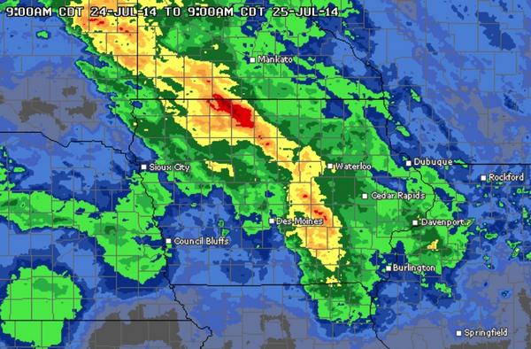 IACropTour's tweet photo. Nice shot of precip. past 24 hr across IA - very timely although hampering some riders. #rainmakesgrain #200bu http://t.co/CgXJ7GL9yt
