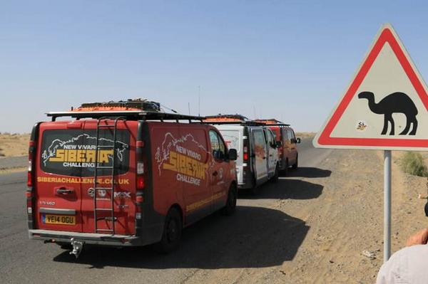 vauxhall's tweet photo. The team had to watch out for camel crossings whilst driving across the deserts of Turkmenistan #SiberiaChallenge http://t.co/vD0aJsry1Z