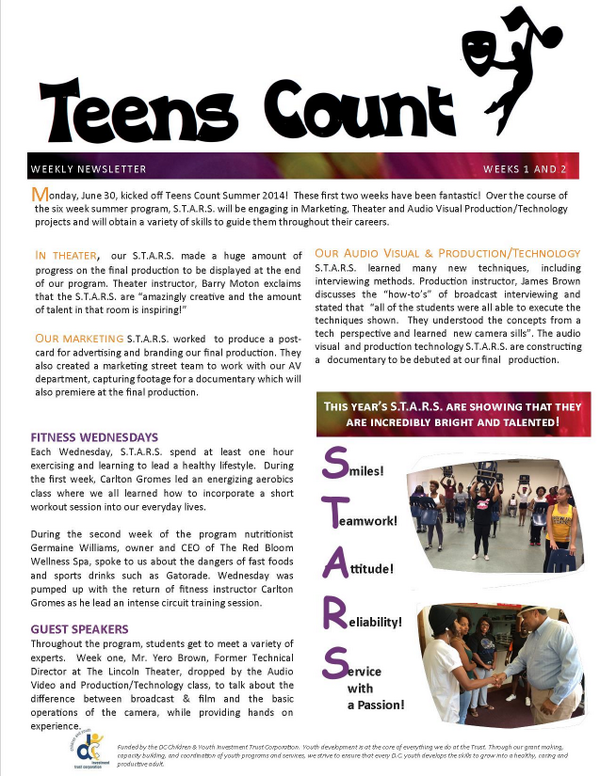 TEENSCOUNTDC's tweet photo. Good Morning here is the Teens Count News letter, Support our youth. Their making changes daily for a better future. http://t.co/ypZ84z1bGR