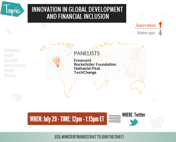 echoinggreen's tweet photo. Chat with @KickLoans on role of innovation in #globaldev 7/29 12p ET. Hashtag #MicrofinanceChat. http://t.co/QYm6om7Uo0
