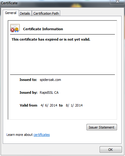 zakhark's tweet photo. @SpiderOak Looks like ssl certificate for http://t.co/2Pt4u6AIrW expired today... http://t.co/8R0RtZfUyj